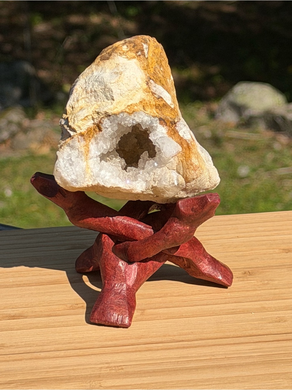 Unique Geode | Quartz Crystal | Geological Decor | 4" Wooden Tripod Stand - Picture 7 of 11